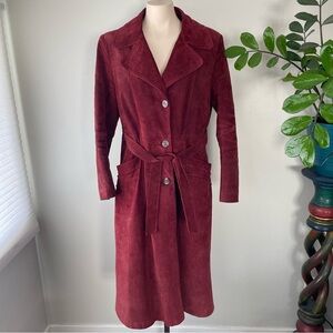 Vintage Suede Leather Trench Coat 70s Shainos Red Long Longline Burgundy Belted
